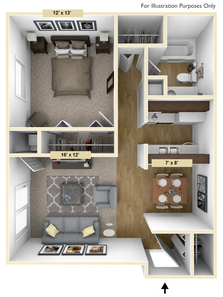 Floor plan for 1 bed, 1 bath, 665 sqft